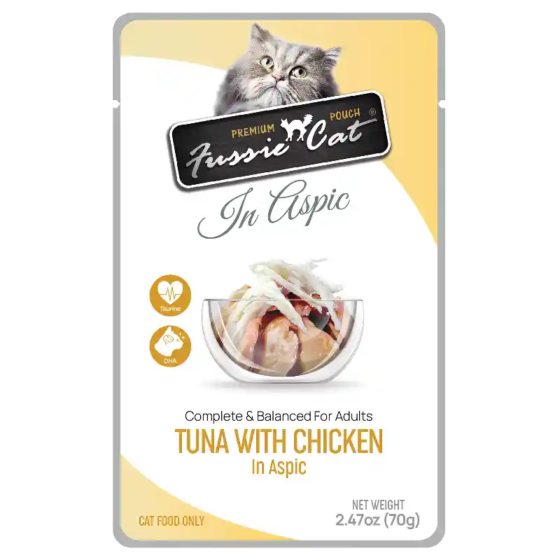 To Fussie Tuna & Chicken In Aspic Pouch 2.47oz