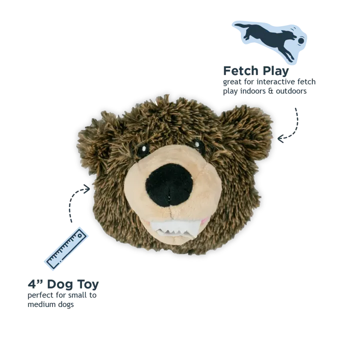 Tall Tails Dog Toy 2 in 1 Grizzly Bear Head 4" with sizing