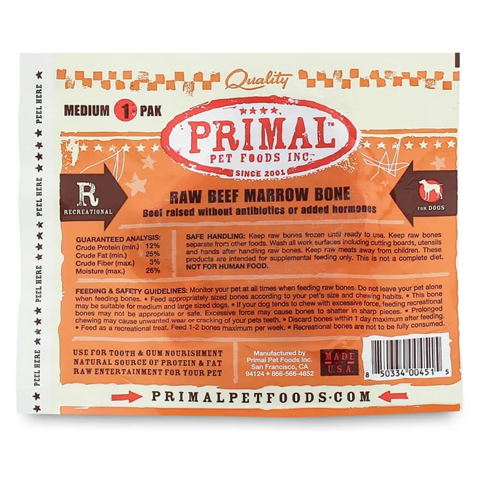 Primal Dog Raw Frozen Beef Bone Medium 1-pk